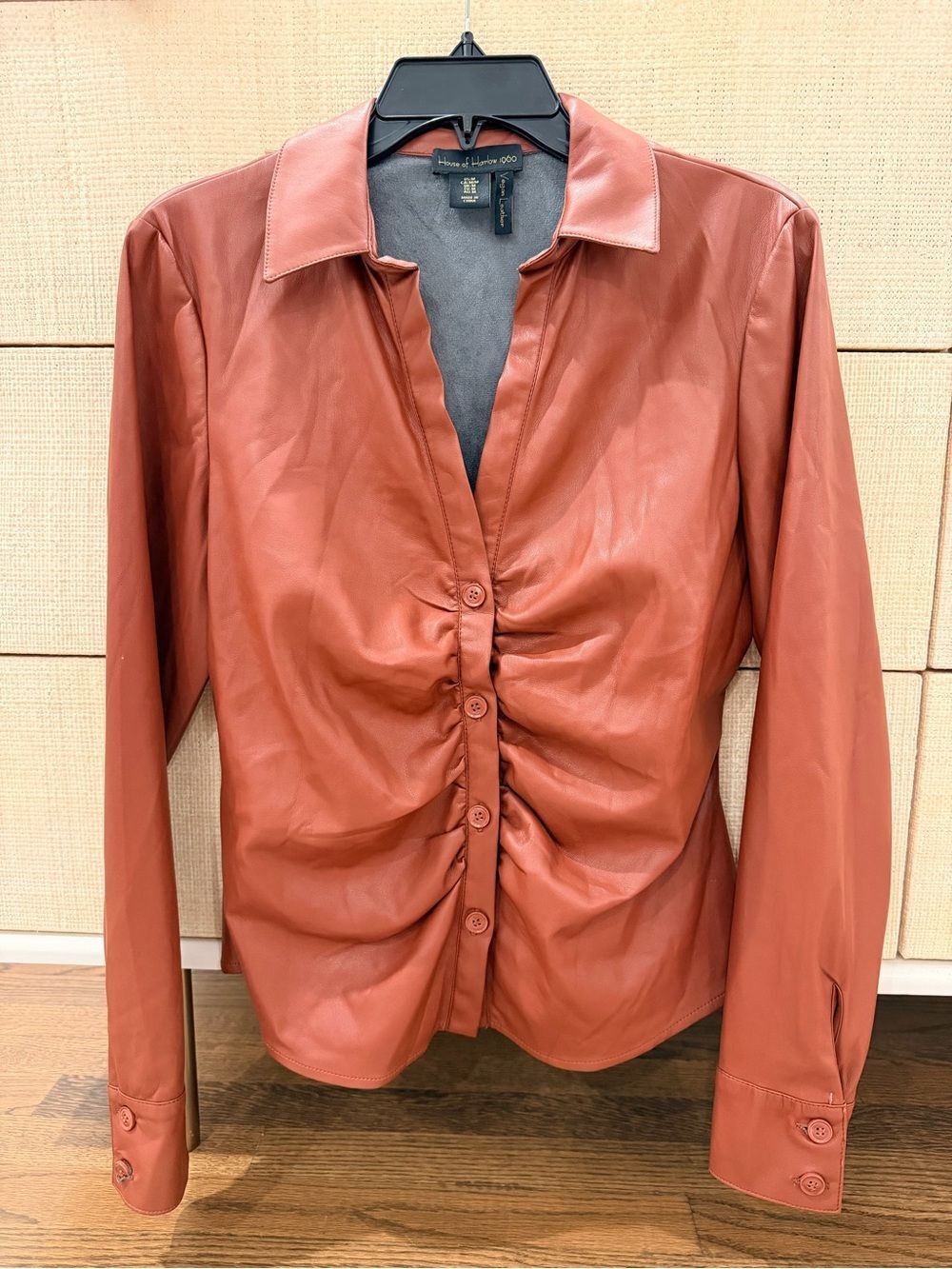 House of Harlow 1960 Vegan Leather Brown Scrunch Button Up Jacket Size M